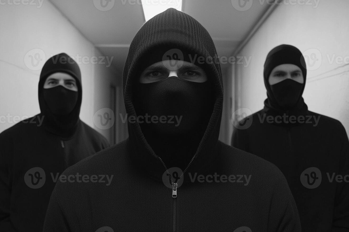 Three men wearing black hoods and masks photo