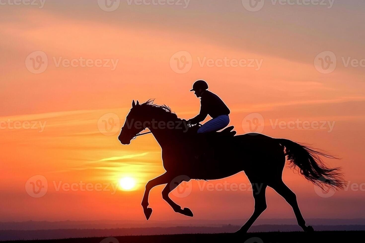 A jockey on a horse at sunset photo