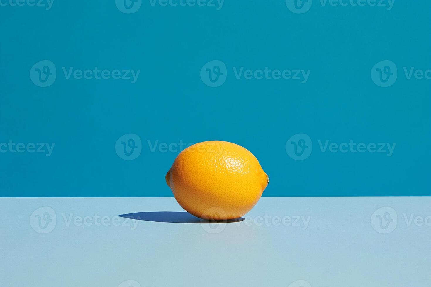 An orange is sitting on a table in front of a blue background photo