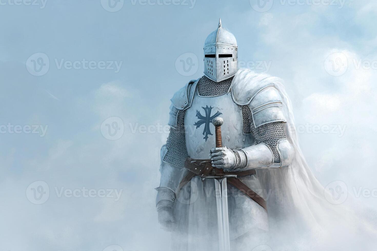 A knight in armor standing in the clouds photo
