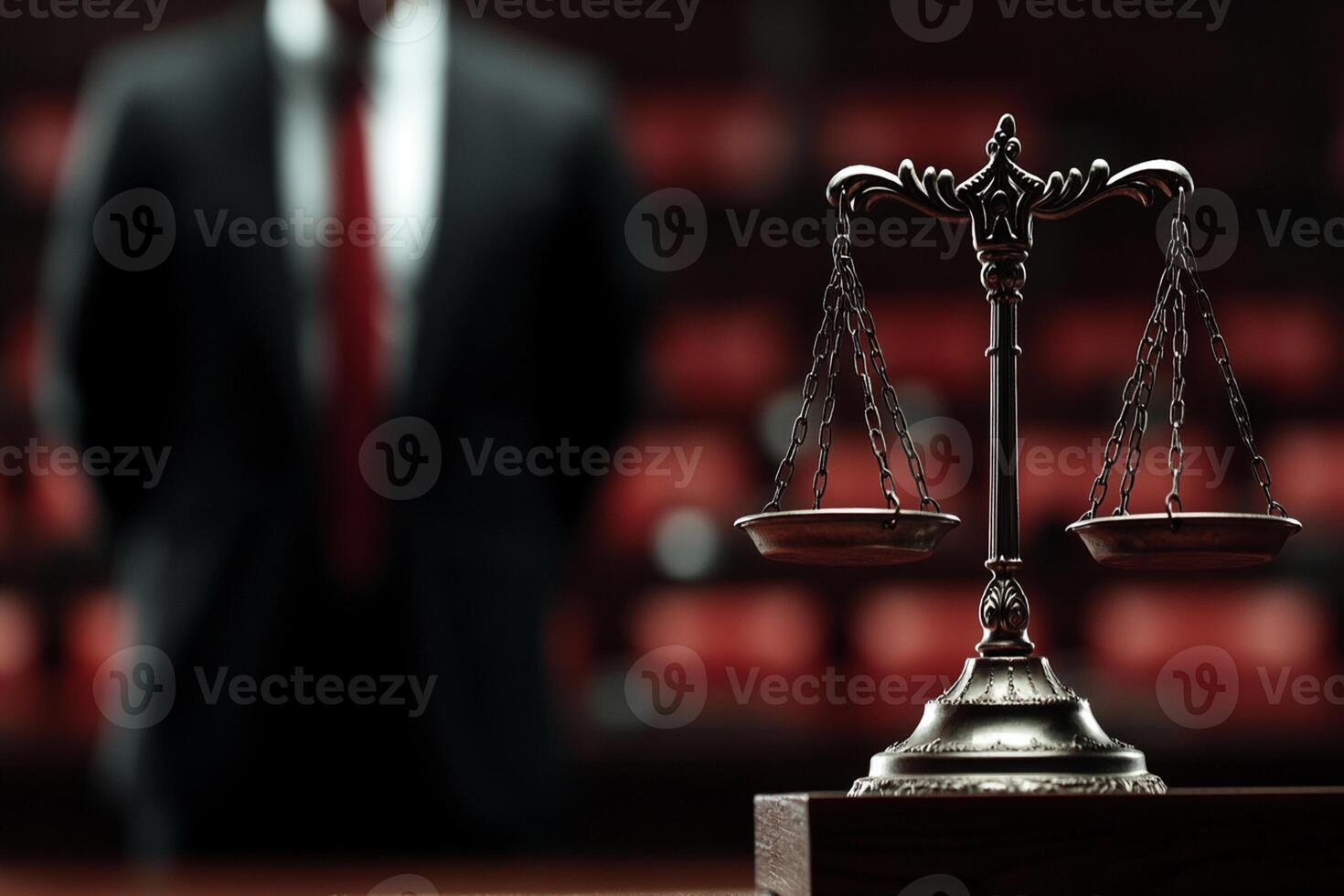 A man in a suit stands in front of a justice scale photo