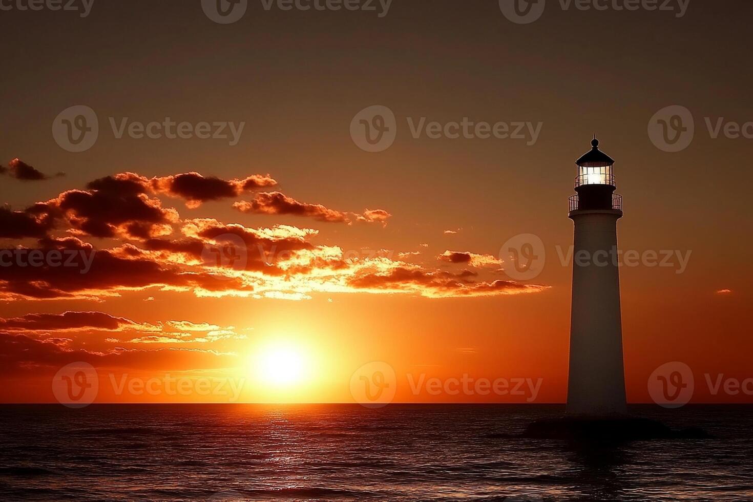 A lighthouse is silhouetted against the sunset photo