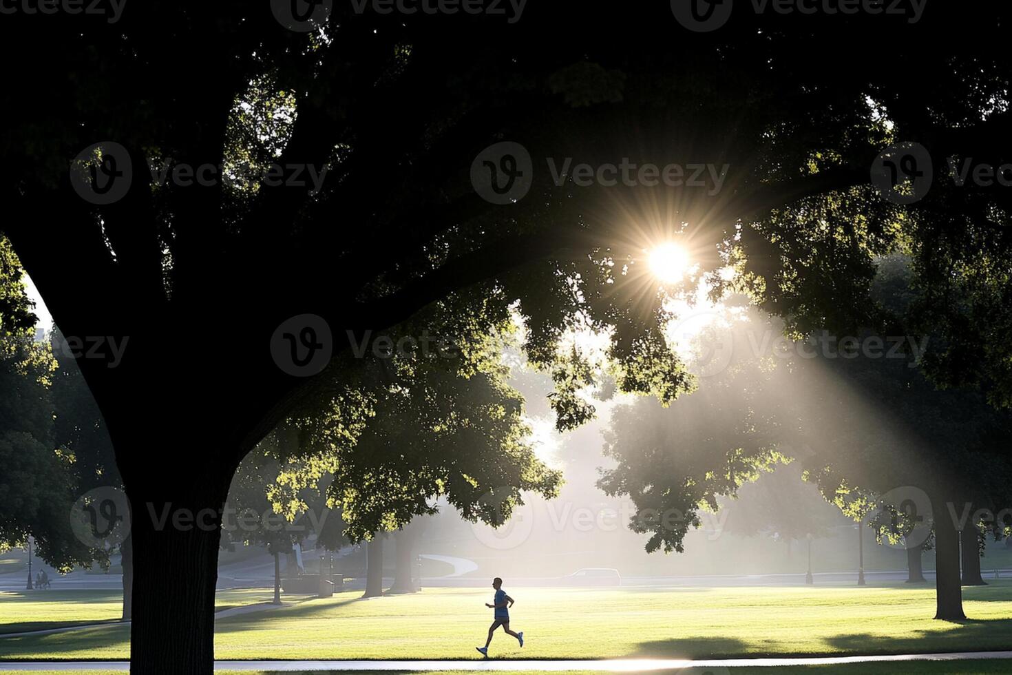 A person is running in a park with the sun shining through the trees photo