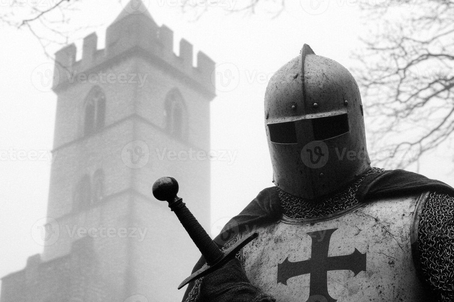 A knight in armor stands in front of a church photo