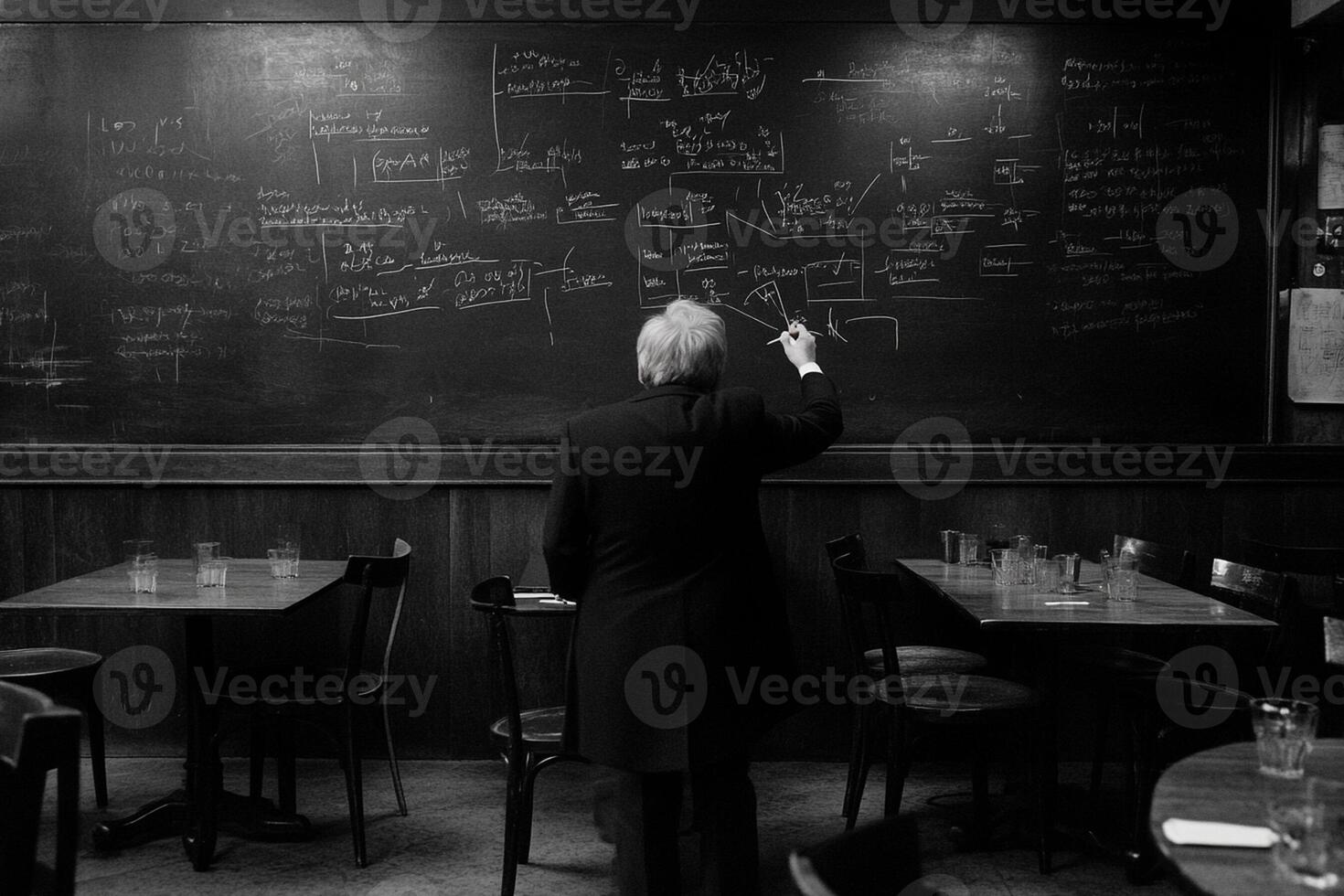 A man is writing on a blackboard in a restaurant photo