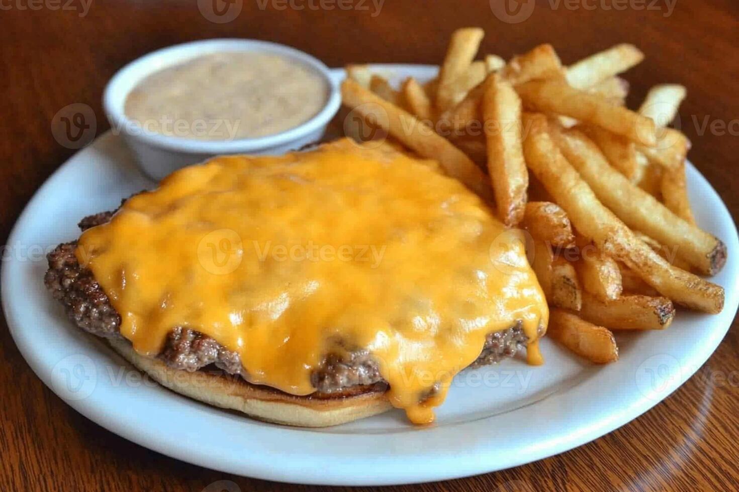 A cheeseburger and french fries on a white plate photo