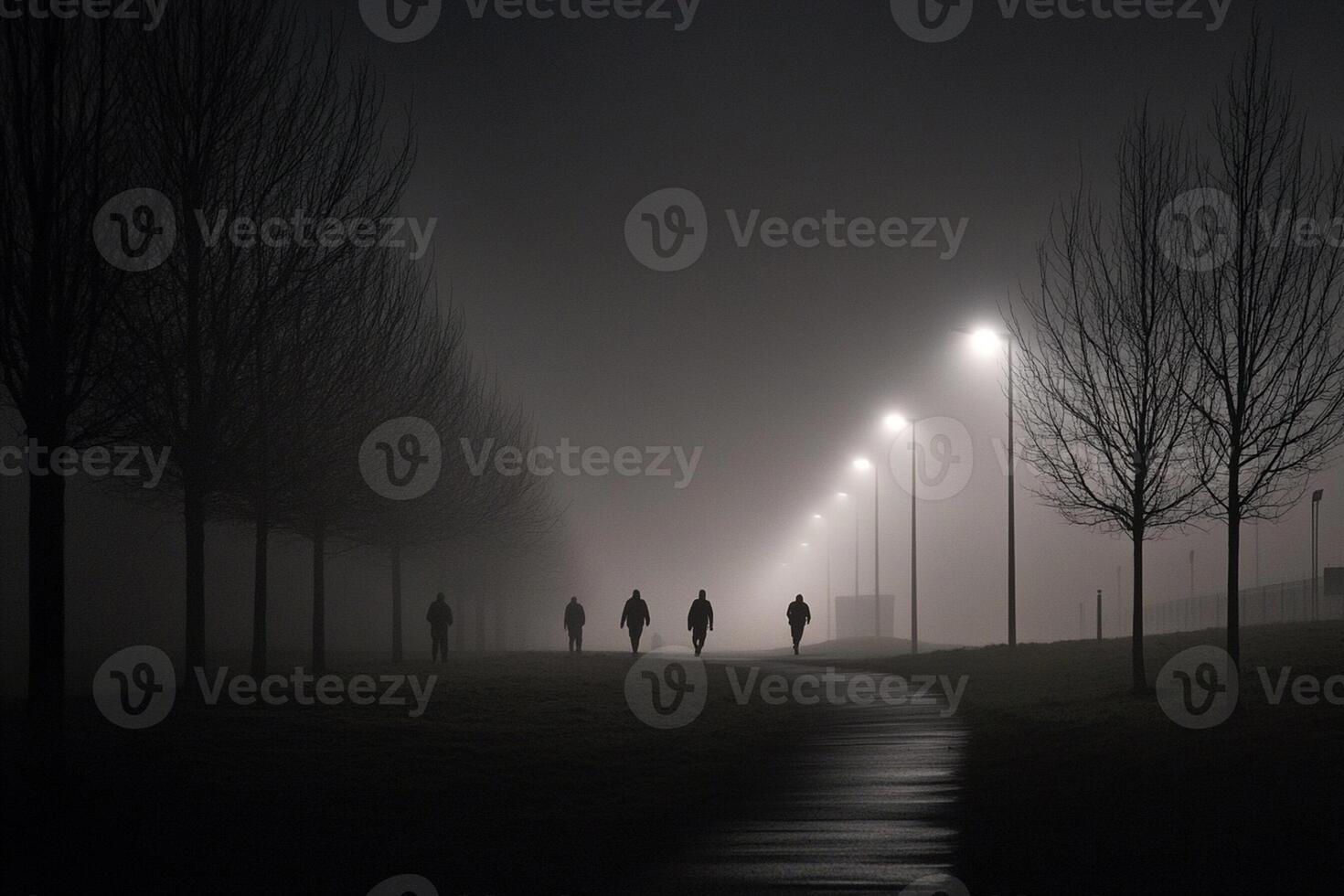 People walking in the fog on a path photo
