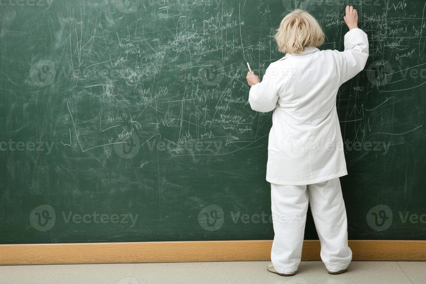 A woman in a lab coat writing on a blackboard photo