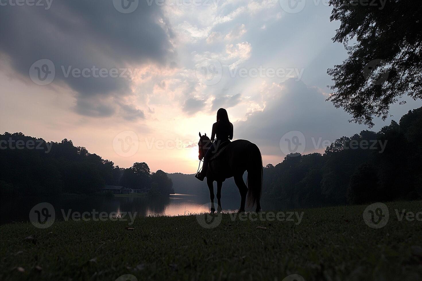 A woman is riding a horse on a grassy field photo
