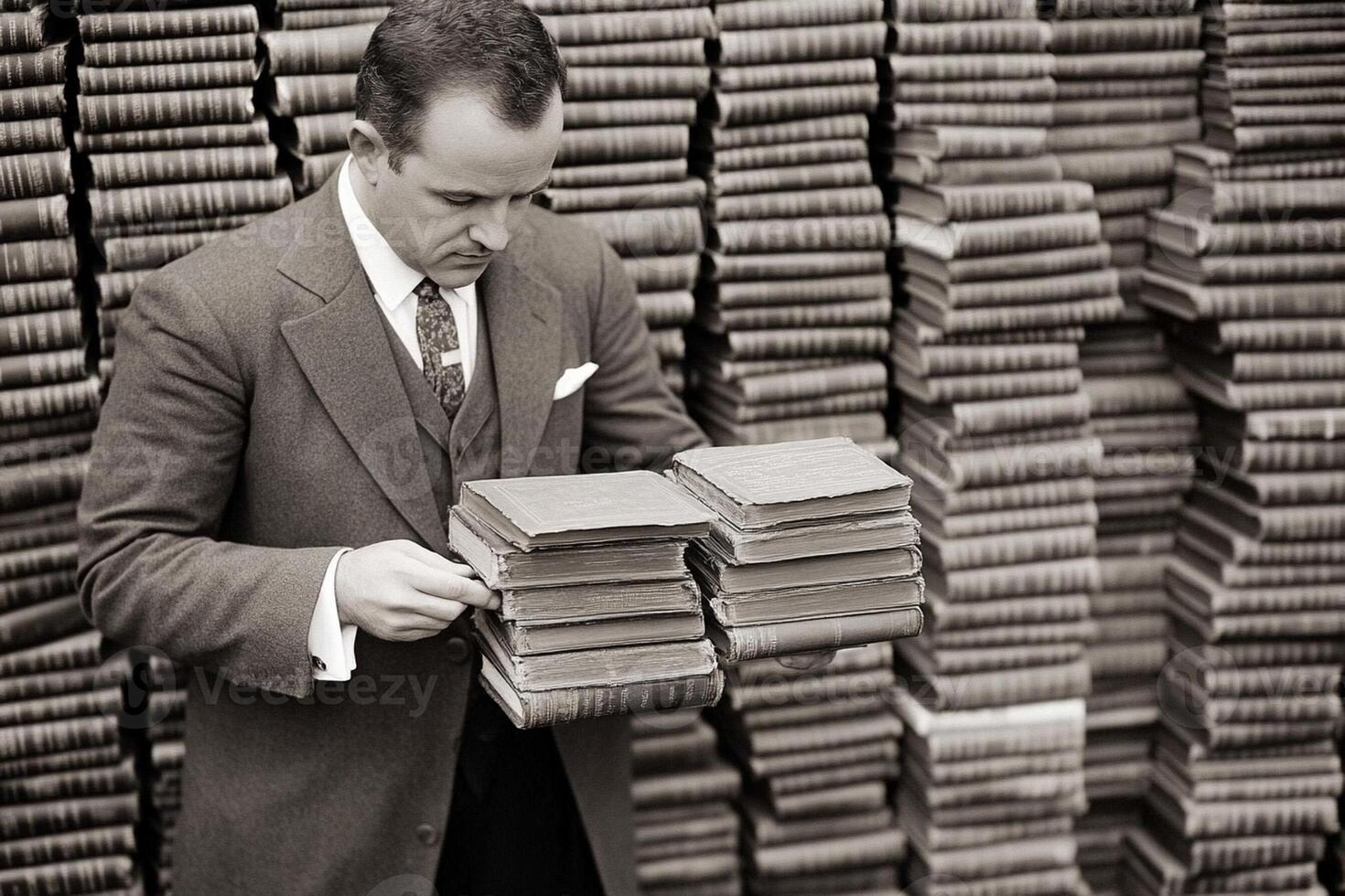 A man in a suit holding a stack of books photo