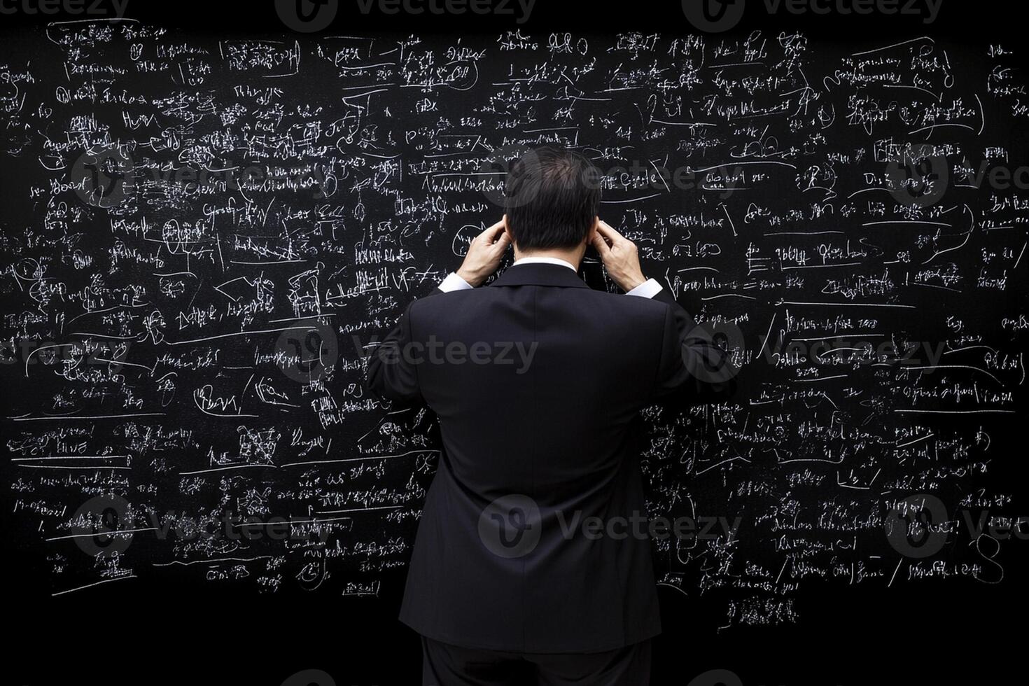 A man in a suit standing in front of a blackboard with formulas written on it photo