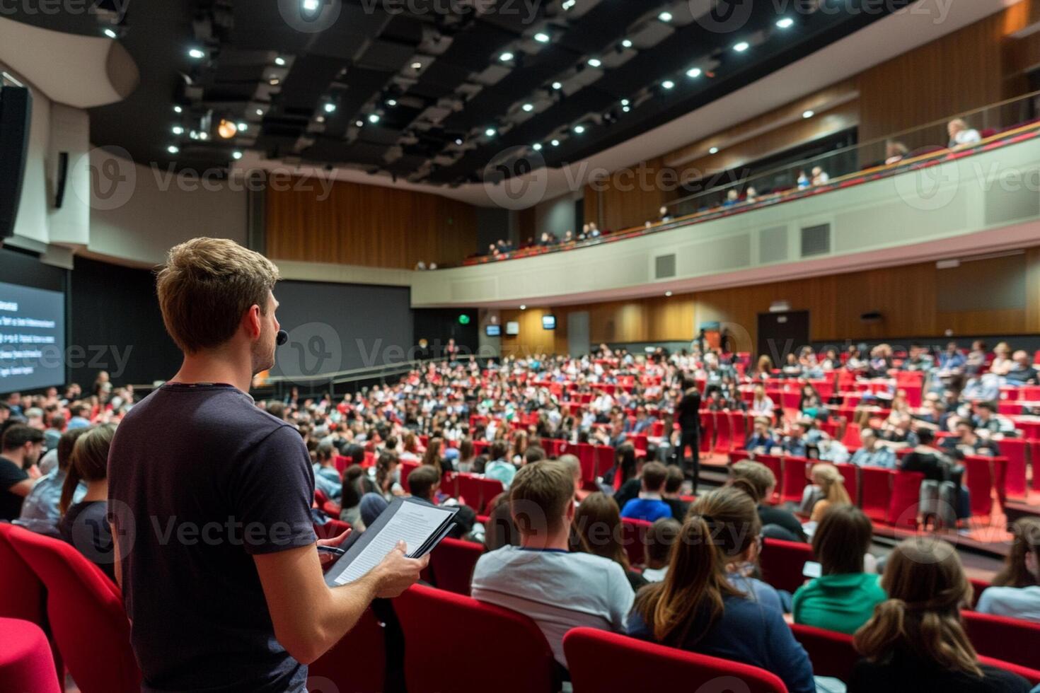A man standing in front of a large auditorium with a crowd of people photo
