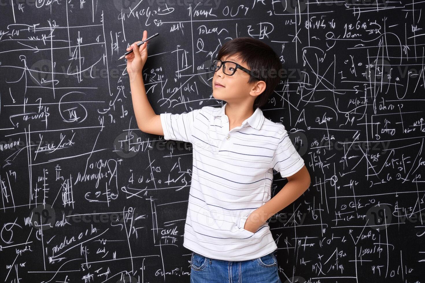 A young boy in glasses standing in front of a blackboard with math formulas written on it photo