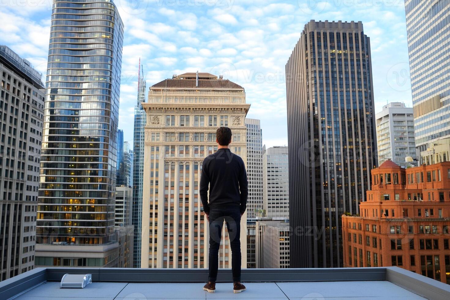 A man standing on a roof looking at the city photo
