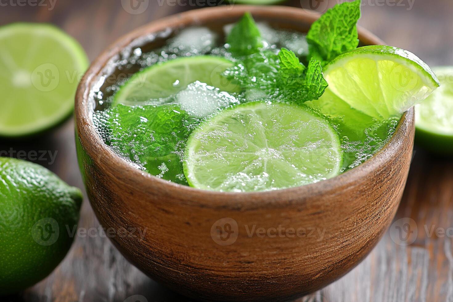 A wooden bowl filled with ice and lime slices photo