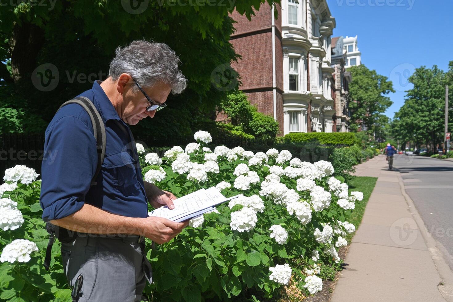 A man is reading a book while standing in front of a row of white flowers photo