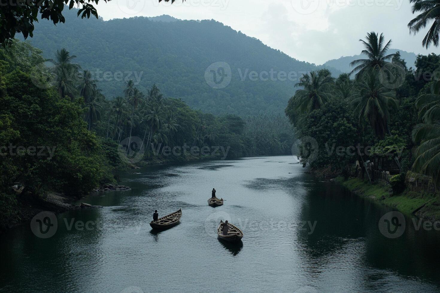 A river with three boats floating down it photo