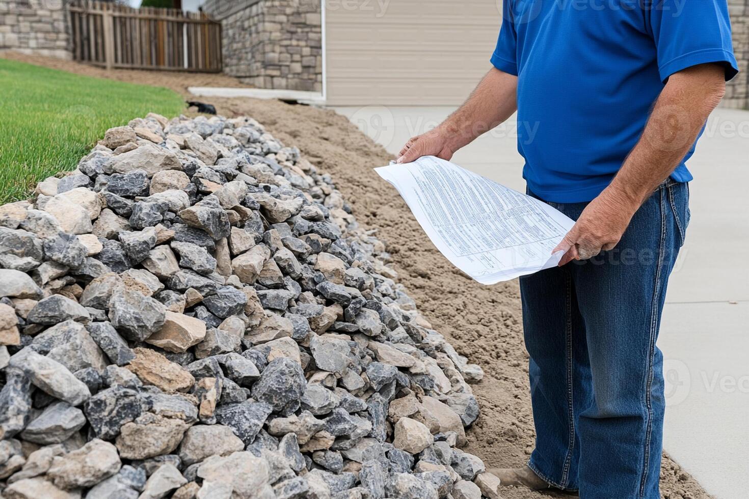 A man is holding a piece of paper while standing next to a pile of rocks photo