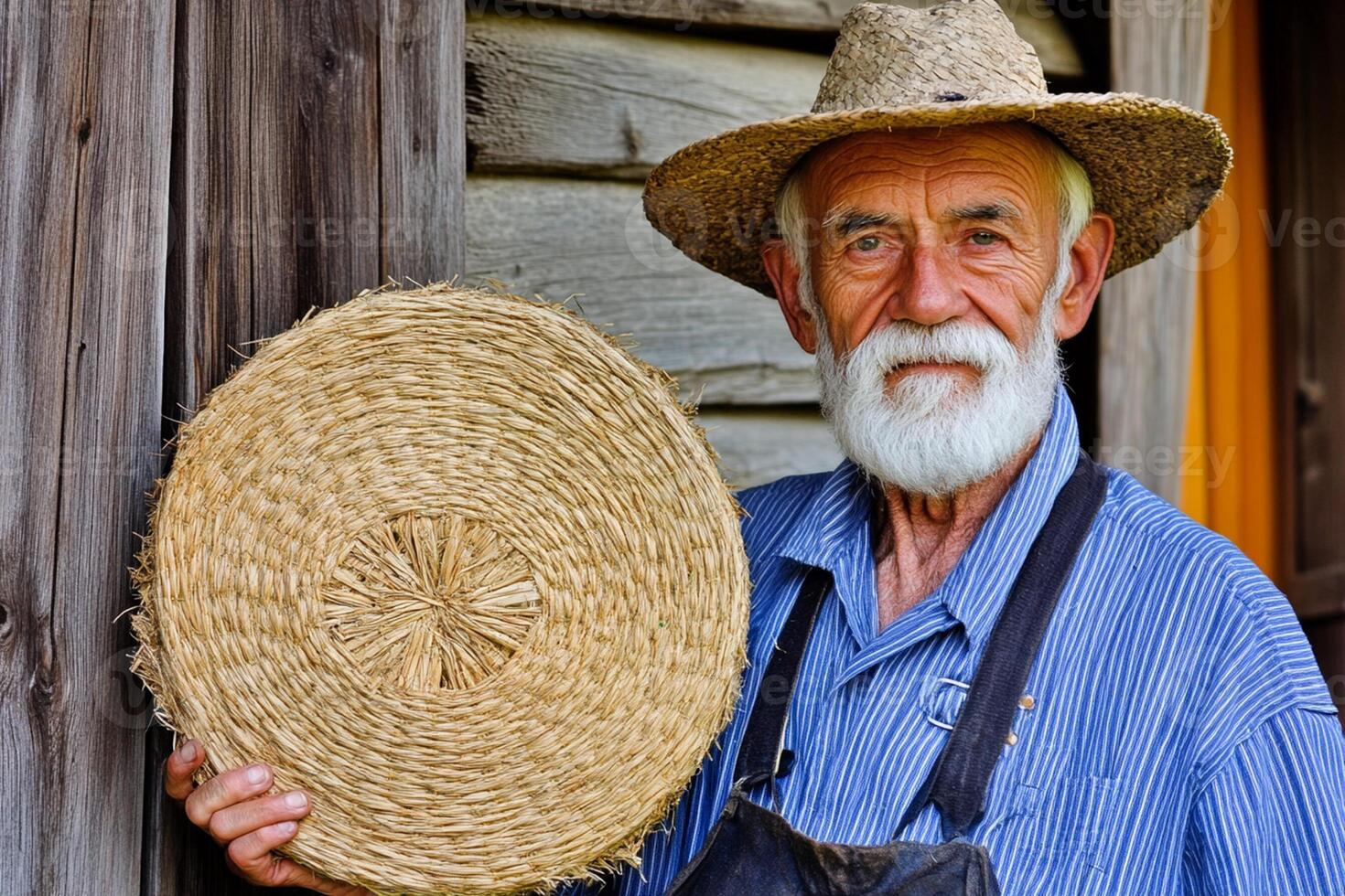 An old man with a straw hat and straw hat holding a large wicker basket photo