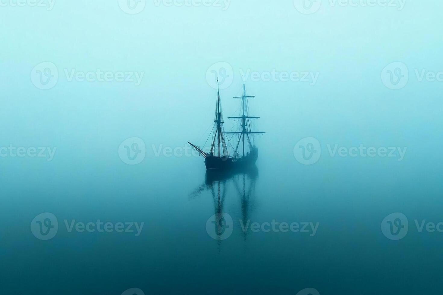 A ship is in the fog on a calm lake photo