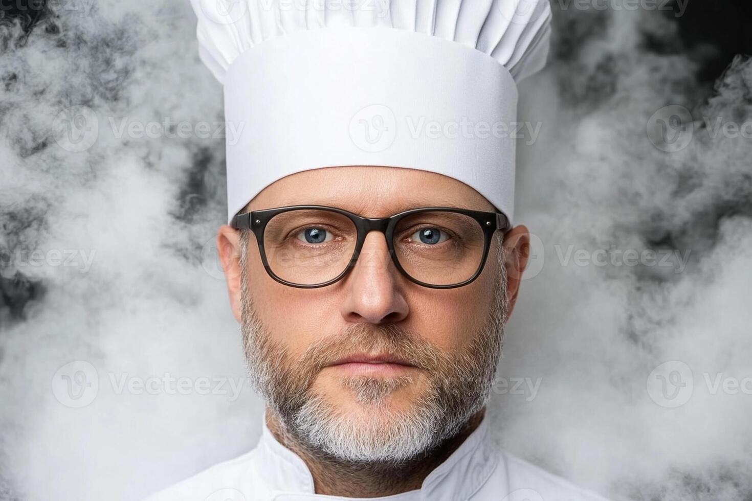 A man in a chef hat and glasses is smoking photo