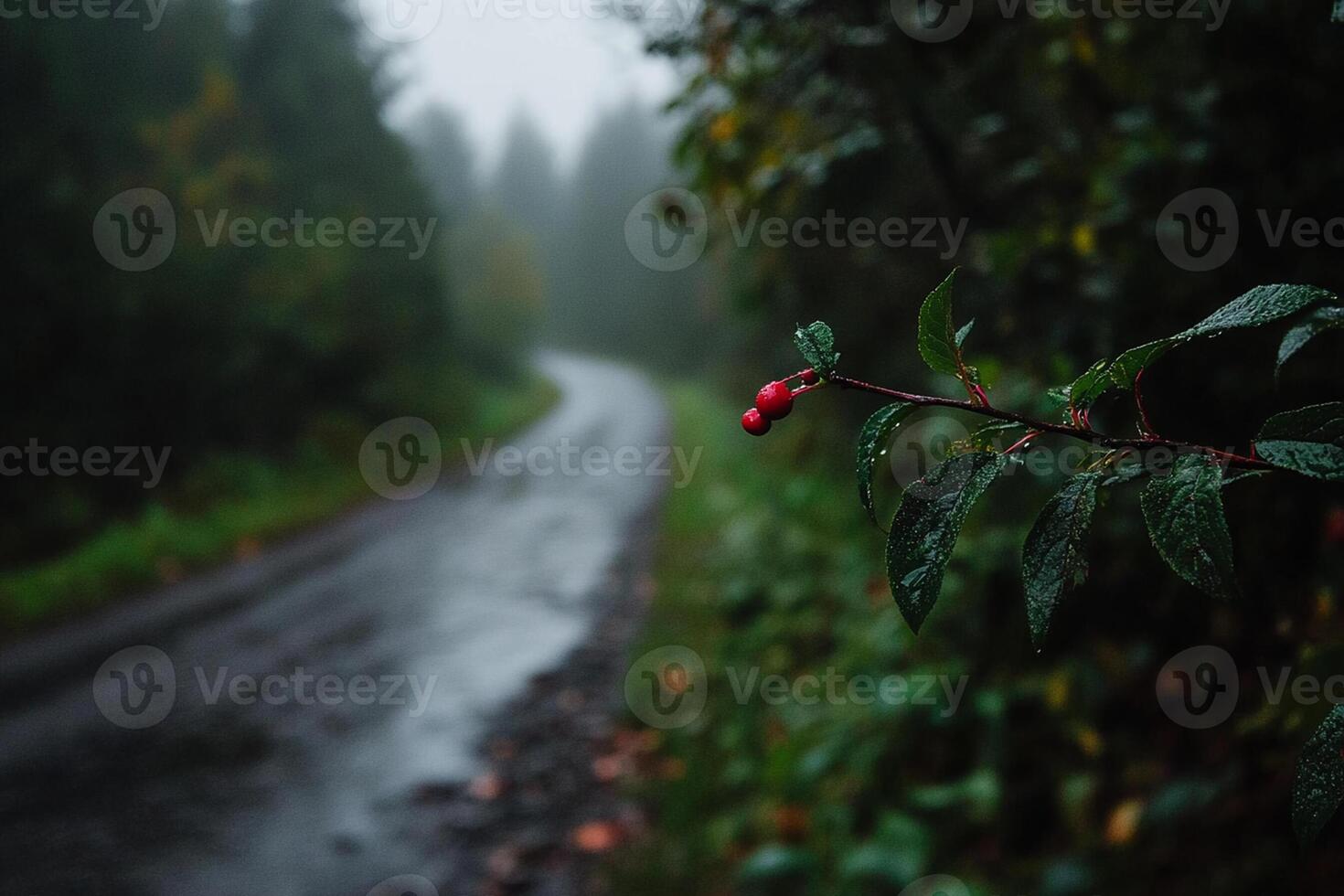 A red berry on a tree branch in the fog photo
