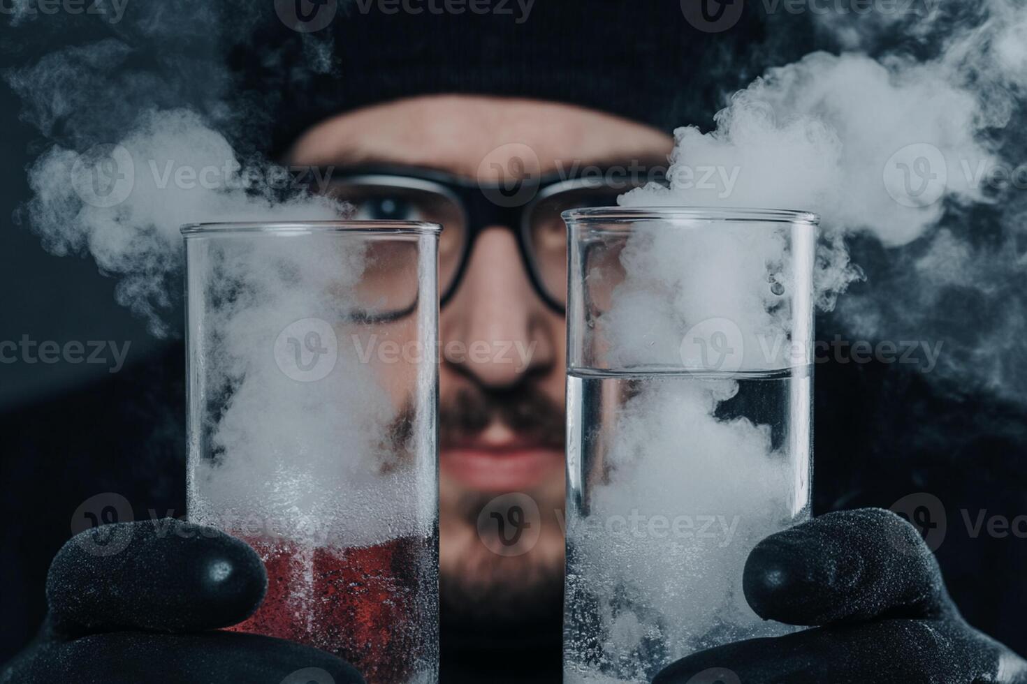 A man wearing a black hat and gloves holding two glasses with steam coming out of them photo