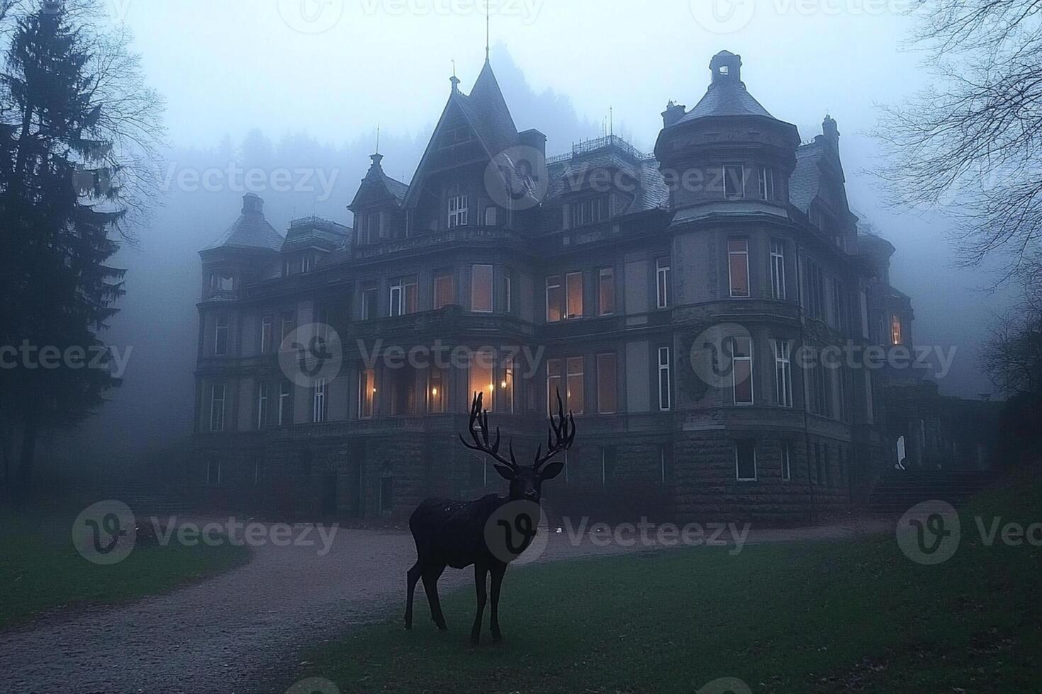 A deer stands in front of a large mansion in the fog photo