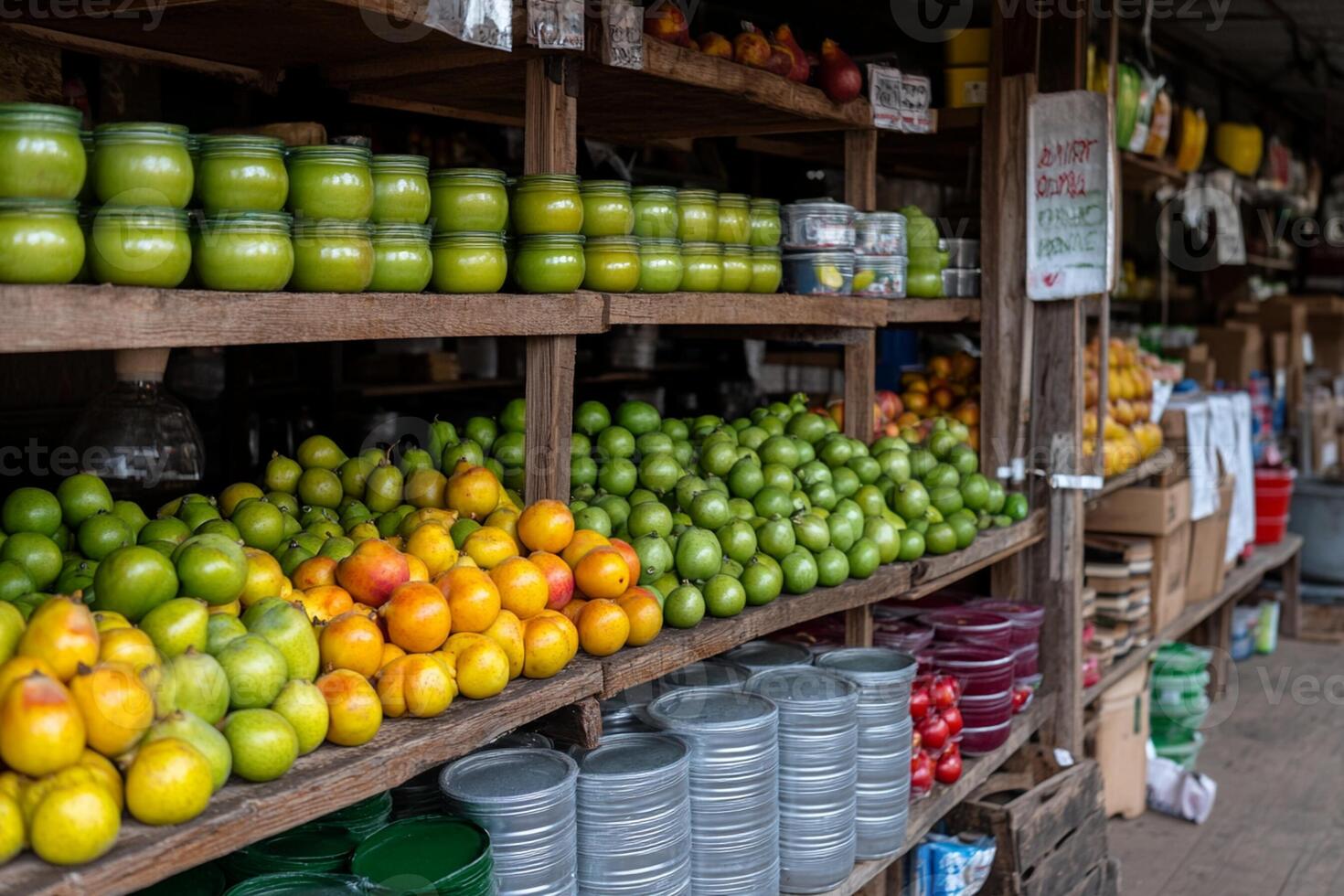 A wooden shelf with jars of fruit photo