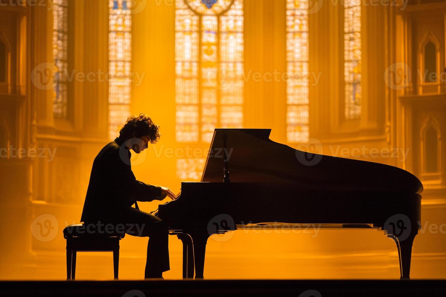 A man in a suit is playing a grand piano photo