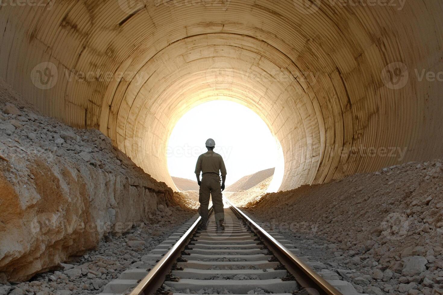 A man walking along the tracks of a tunnel photo