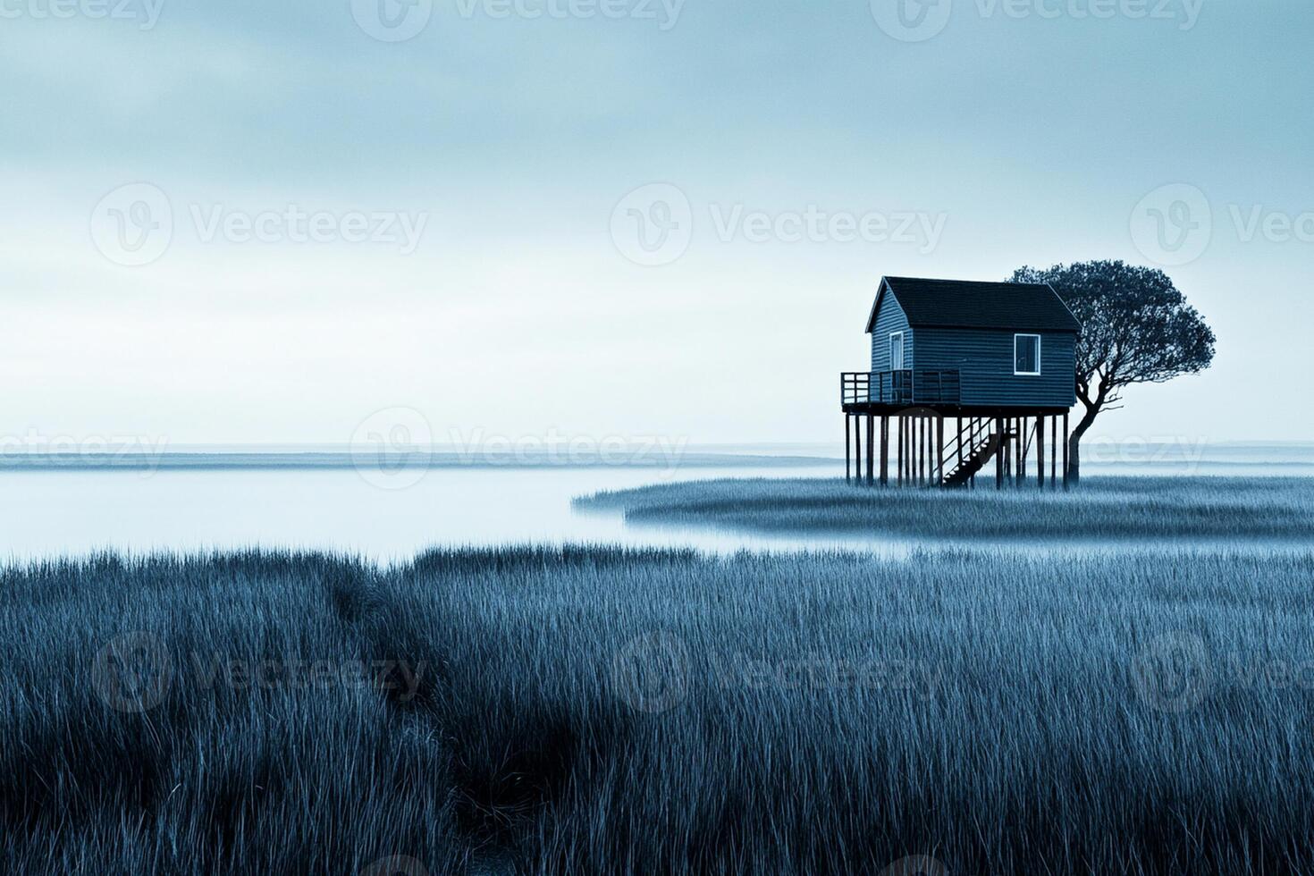 A blue house sits on a small island in the middle of the ocean photo
