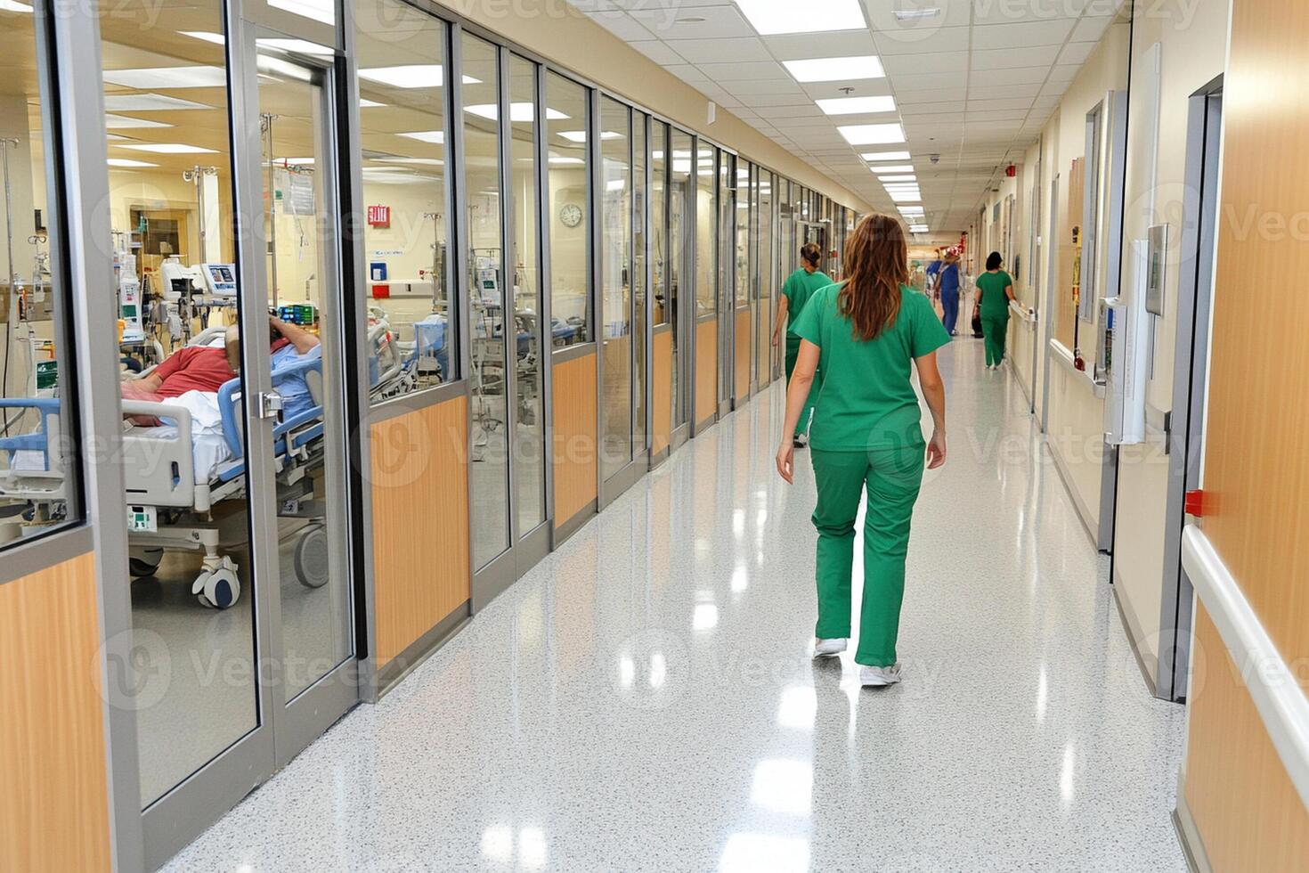 A woman in green scrubs walking down a hospital hallway photo