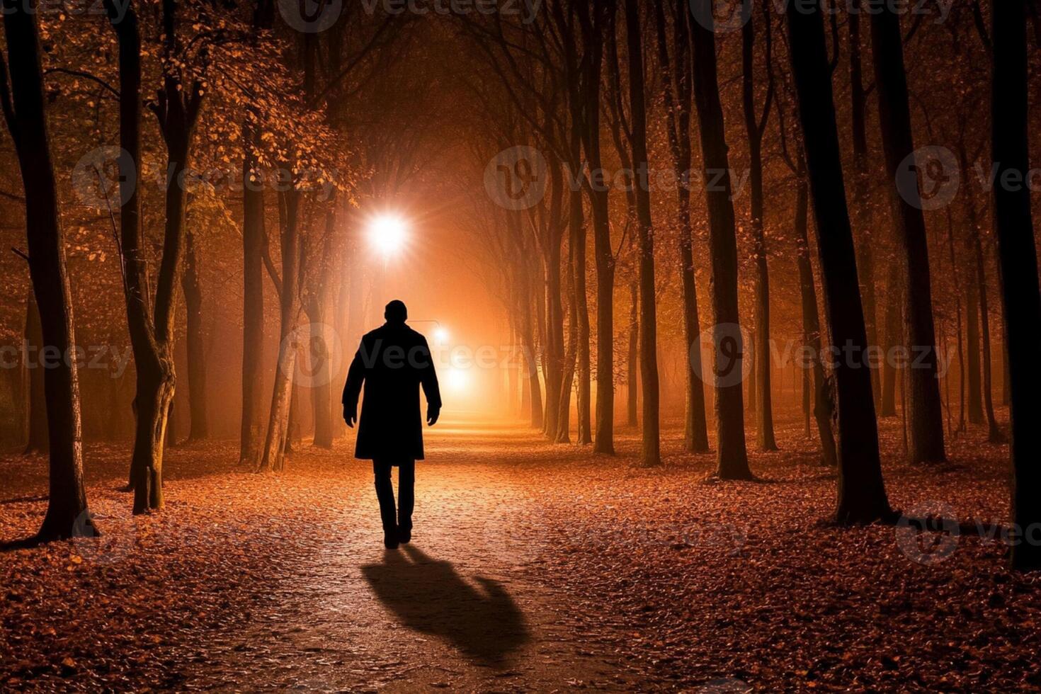 A man walking down a path in the woods at night photo