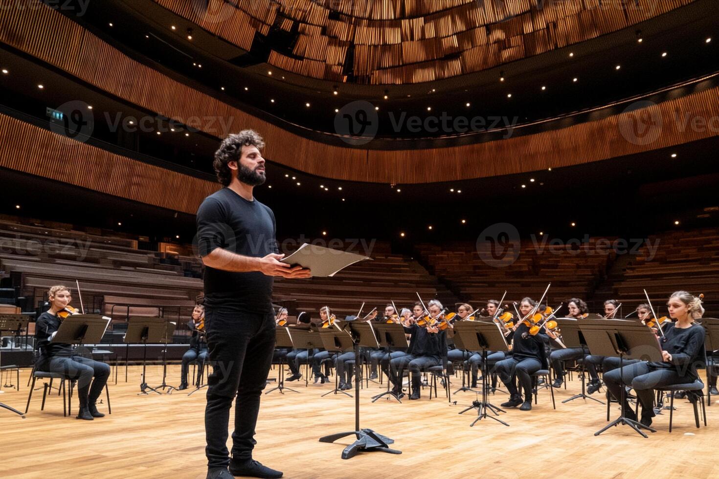 A conductor standing in front of a large orchestra photo