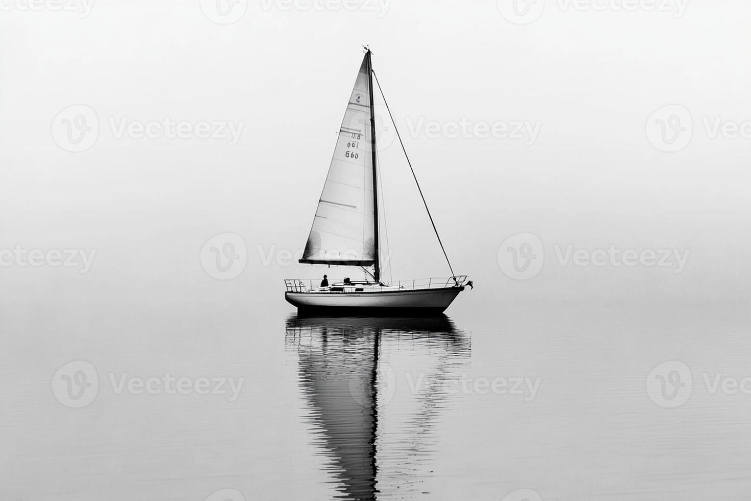 A sailboat is reflected in the water on a foggy day photo