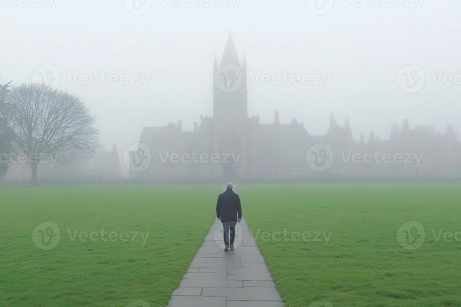 A person walking on a path in front of a church photo