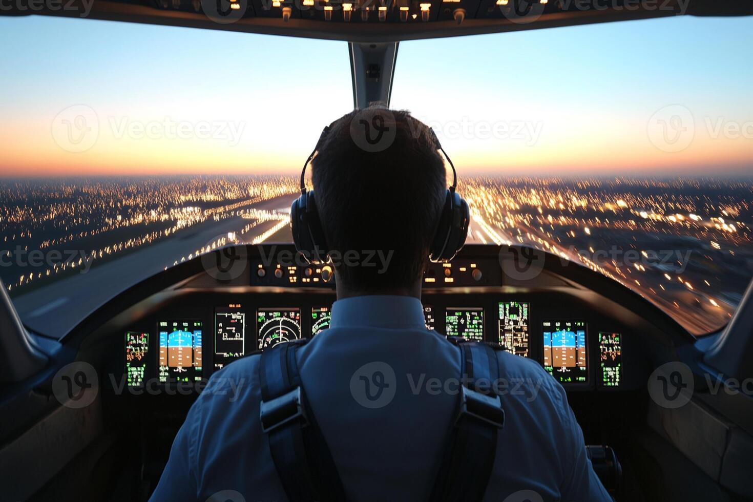 A man in the cockpit of an airplane at sunset photo