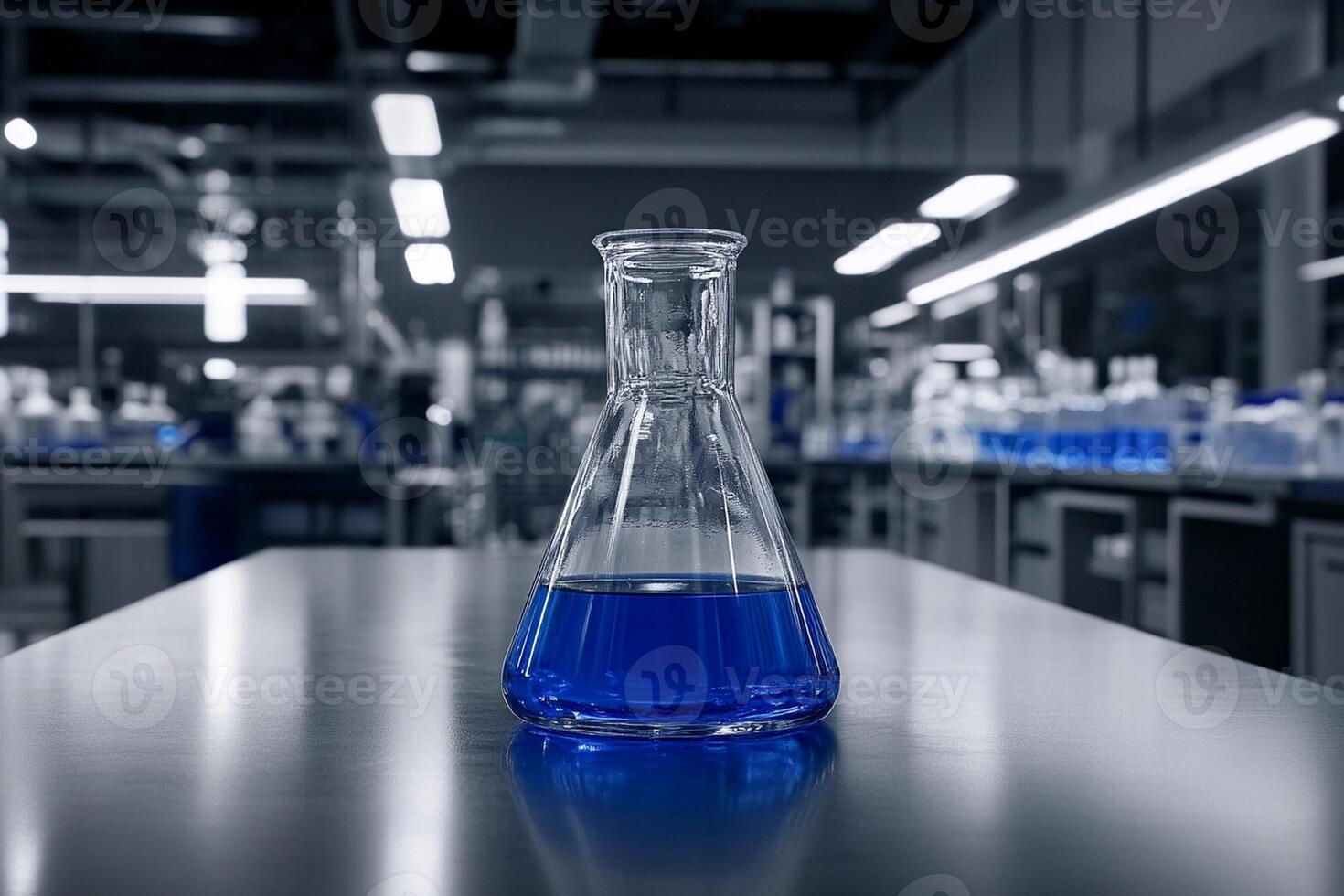 A blue liquid in a glass flask sitting on a table photo