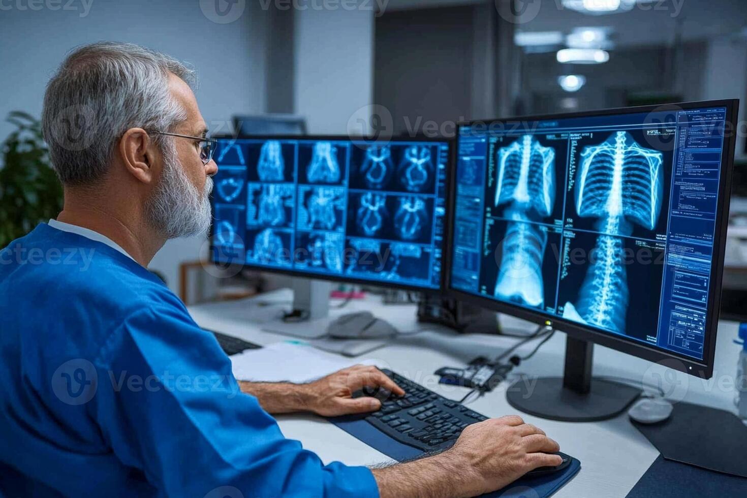 A man in a blue shirt is sitting at a computer screen photo