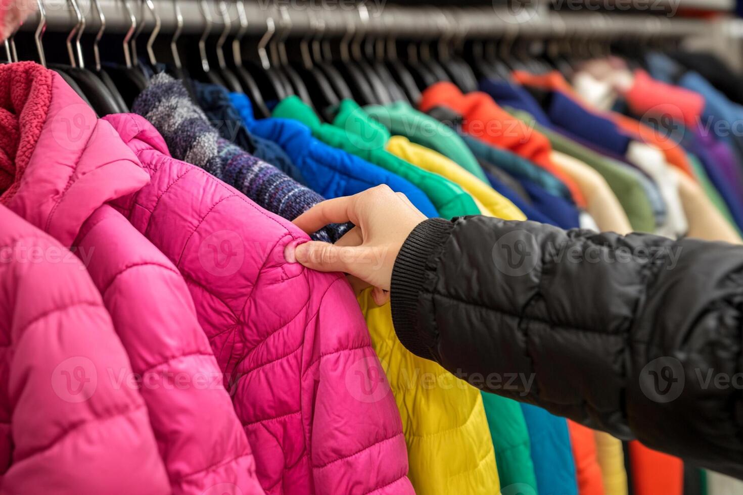 A person is looking at a rack of colorful jackets photo