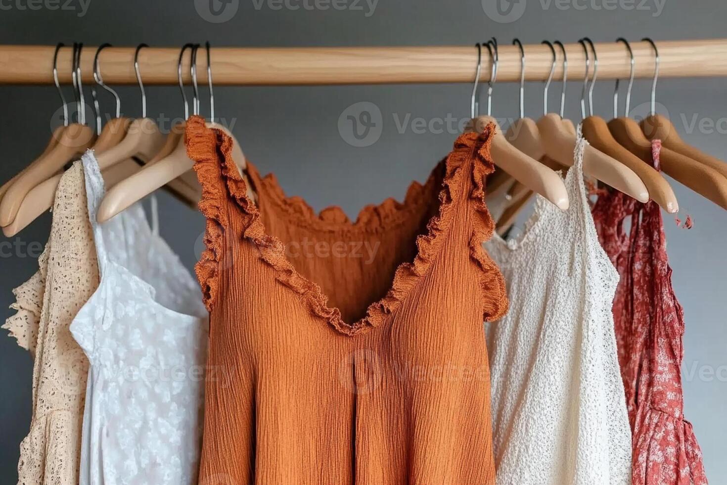 A rack of dresses hanging on a wall photo