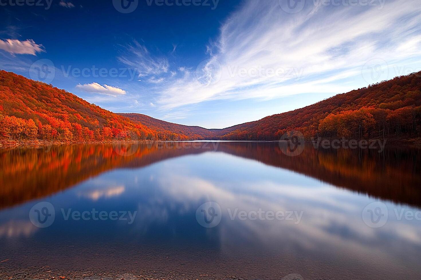 A calm lake with trees in the background photo