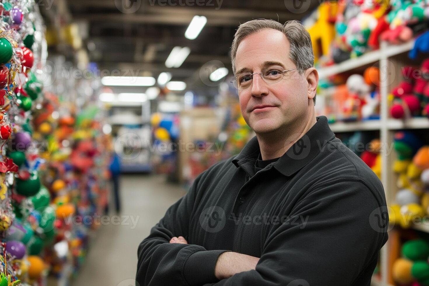 A man standing in a store with many stuffed animals photo