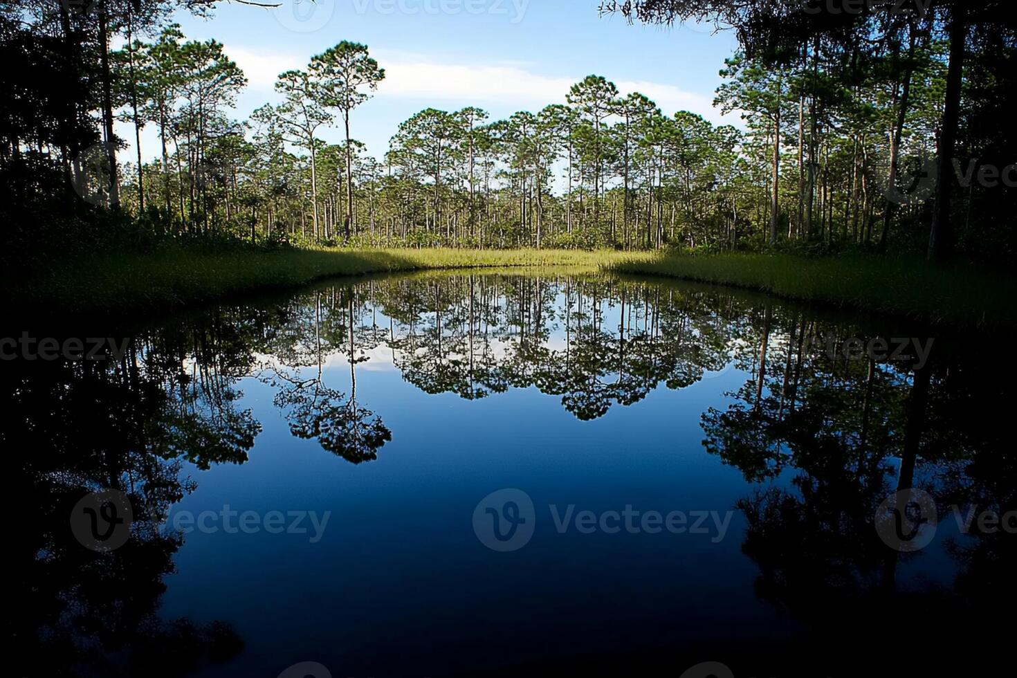 A pond with trees in the background photo