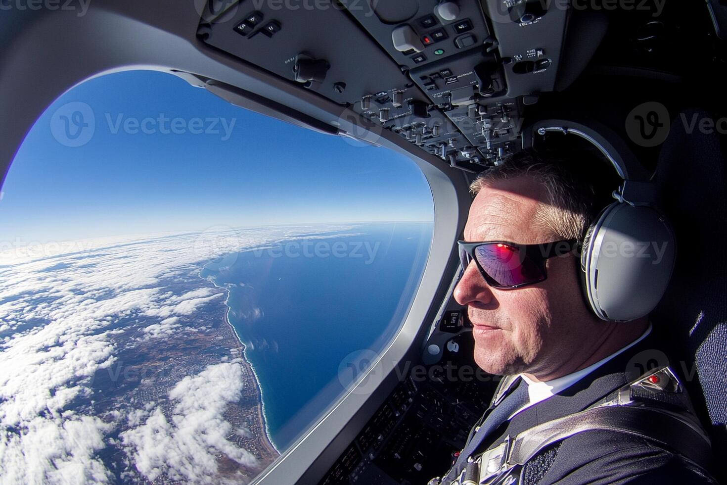A man wearing sunglasses and a headset is flying in an airplane photo