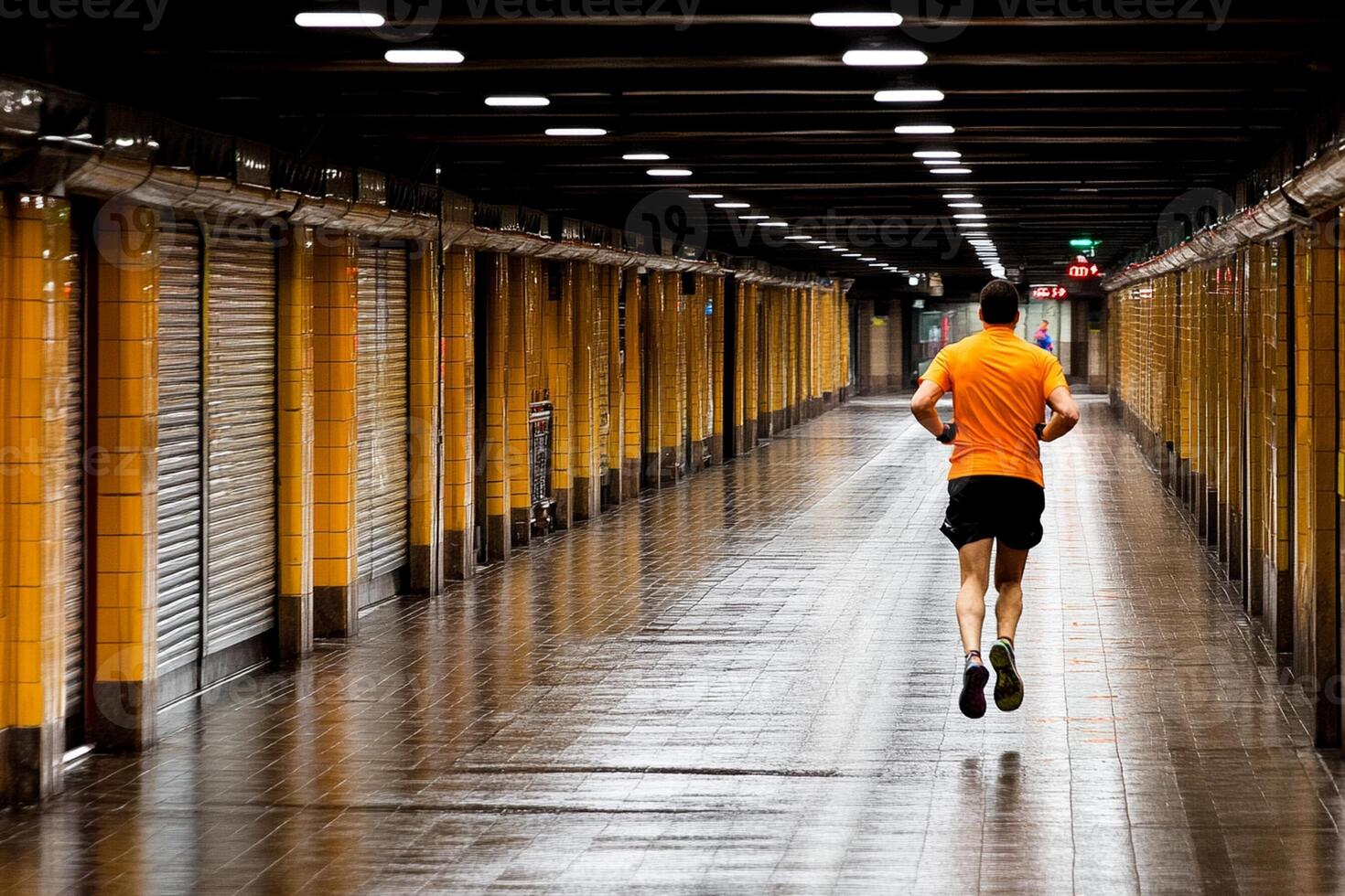A man running in an empty hallway photo