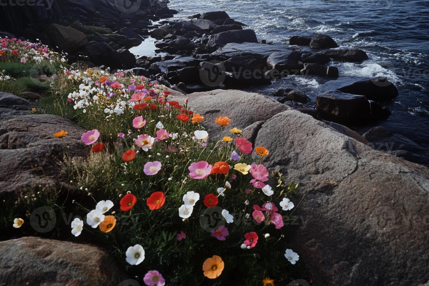 A field of flowers on the rocky shoreline photo