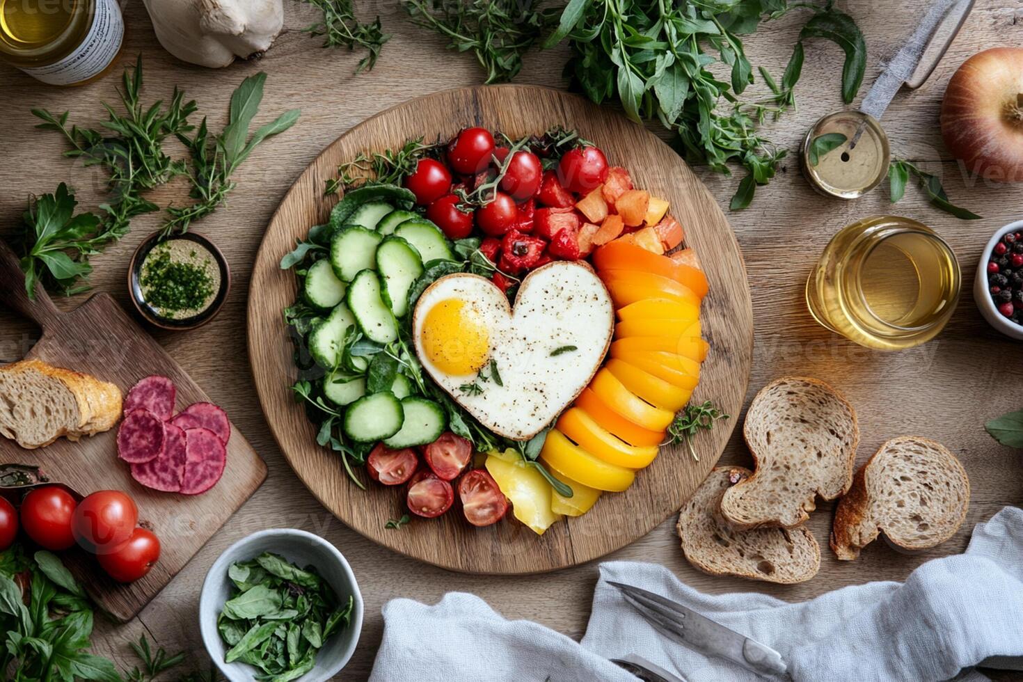 A plate with vegetables, eggs, and bread photo