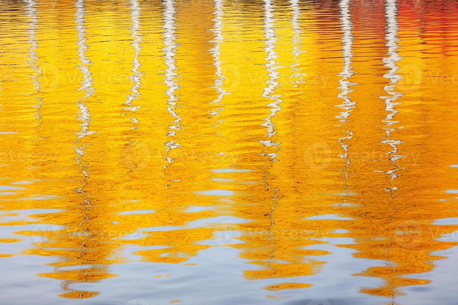 Yellow and orange trees reflected in water photo